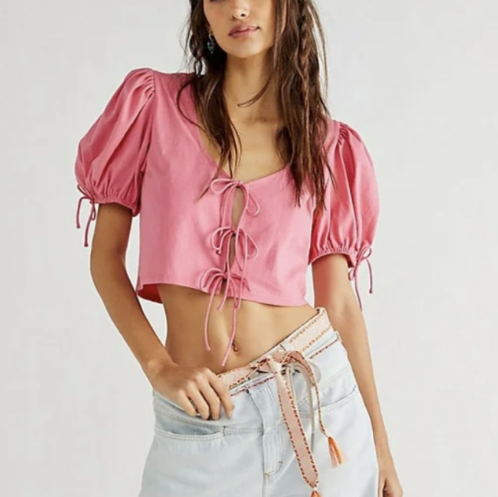 Free People Kitty Puff Sleeve Crop Top in Velvet Rose Size L